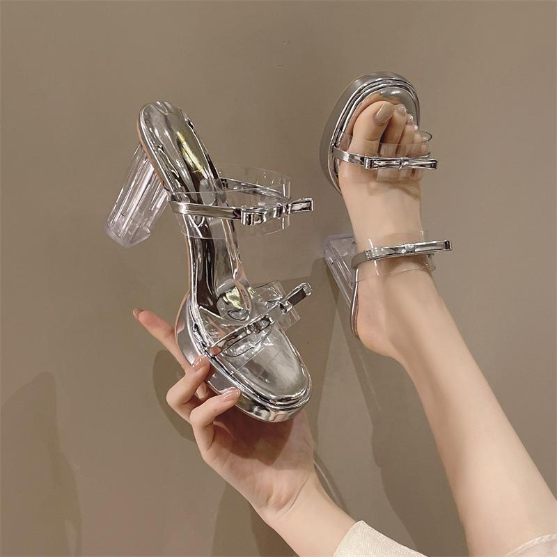 Silver Thick Heel One-word Cool Slippers Summer 2025 New Fairy Wind Open-toed Crystal Medium Heel Roman Slippers