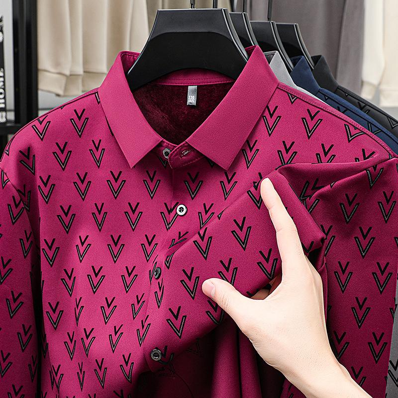 Long Sleeve Shirt Men s Business Casual Printed Lapel Collar M