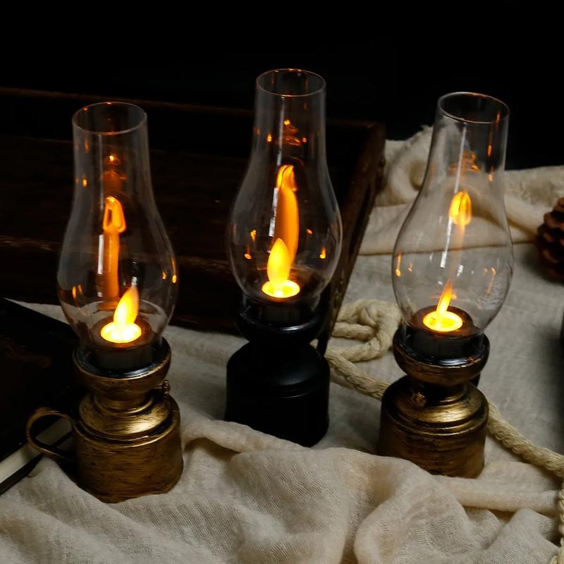 Vintage Retro LED Tabletop Oil Lamp Battery Operated Flickering Candle Effect Decorative Kerosene Lamp for Home Bedroom Desk