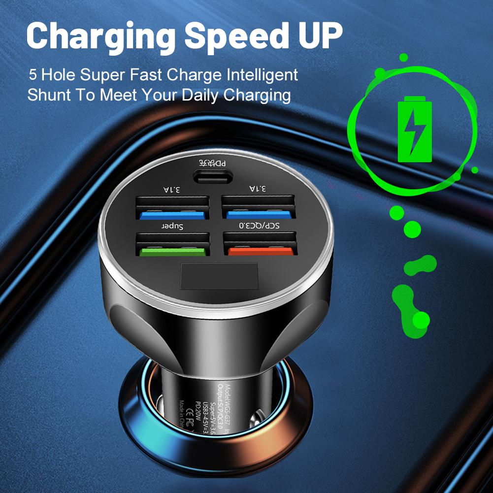 Adaptor Auto 4USB PD 250W pentru Telefon Mobil, Tip C, Încărcare Rapidă, Adaptor Brichetă 5 în 1 pentru iPhone Samsung Huawei Xiaomi