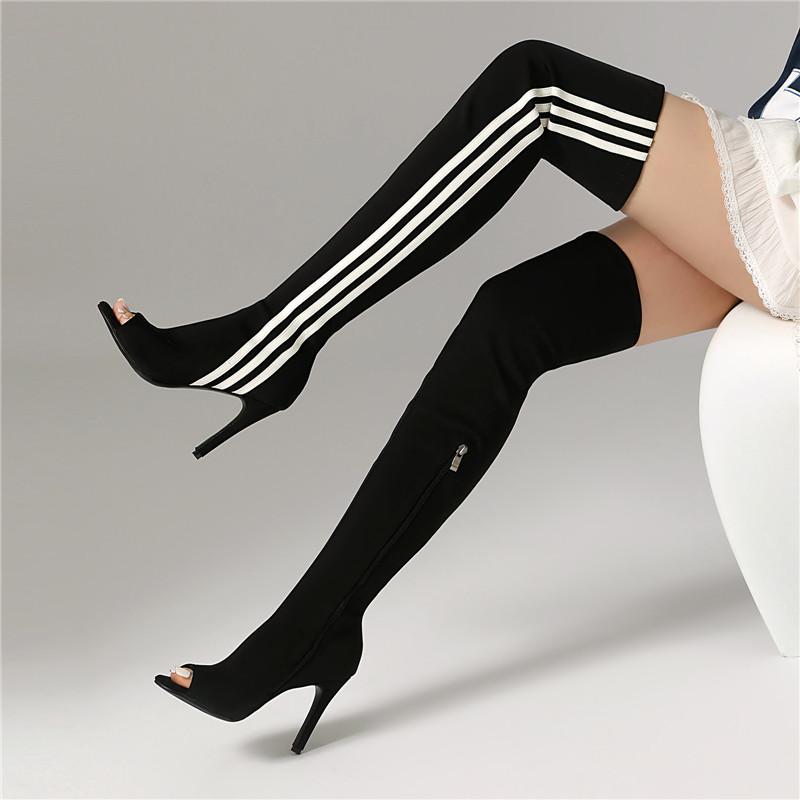 Damen-Stiefel mit hohen Absätzen, sexy europäischer und amerikanischer Stil, hochhackige Überknie-Stiefel mit offenen Zehen in großen Größen.