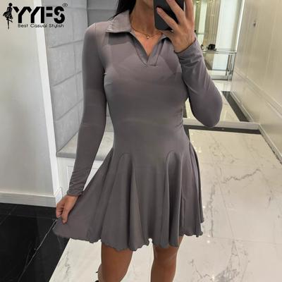 Damenmode Frühling Herbst Einfarbig Druck Langarm POLO Hals Casual Kleider