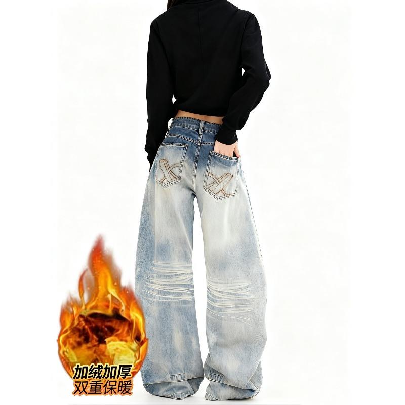 Winter Thickened Fleece Jeans Women's Retro Wide Leg Scimitar Jeans Women's