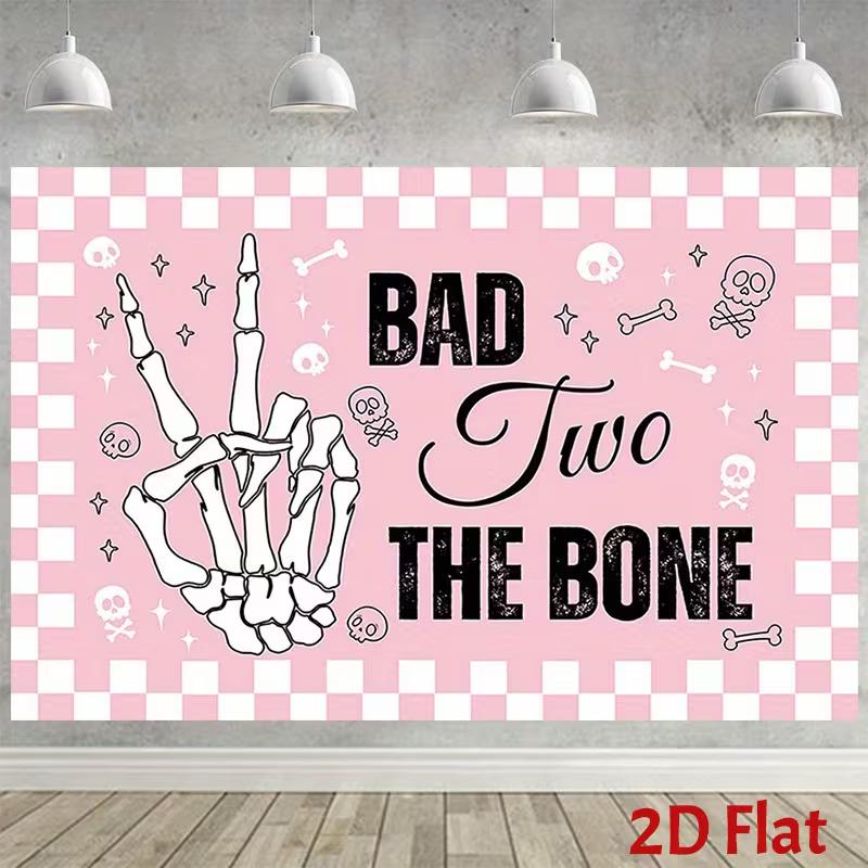 

2D Bad Two The Bone Party Banner, Pink Checkerboard Skull & Bones Backdrop for 2nd Birthday Photo Booth 47.2x31.5inch/120*80cm