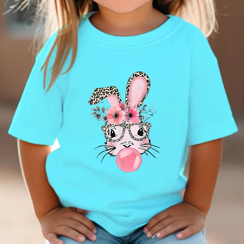 Bunny 3-14 Years Girls T-shirts Bad Cartoon Tees Bubble Sugar Rabbit Fashion Kids Tshirts Harajuku Leopard Print Bunny Tops Tees