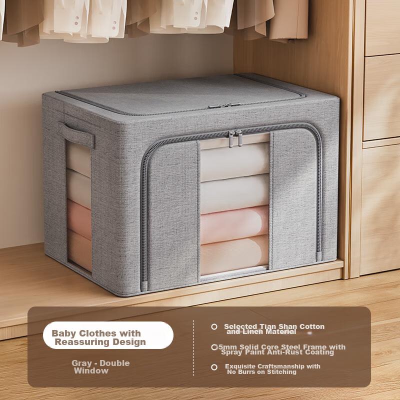 Bangnimeijia Tianshan Cotton And Linen Antibacterial Clothing Storage Box, Foldable Wardrobe Organizer for Clothes And Quilts, Misty Gray, 100L