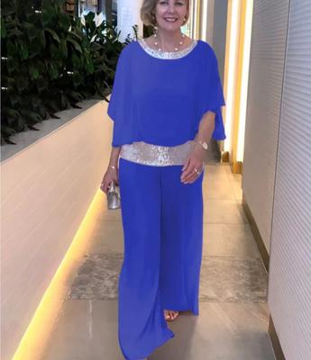Europe and The United States Ladies Suit Round Neck Sequins Color Blocking Bat Shirt Wide Leg Pants Suit Female