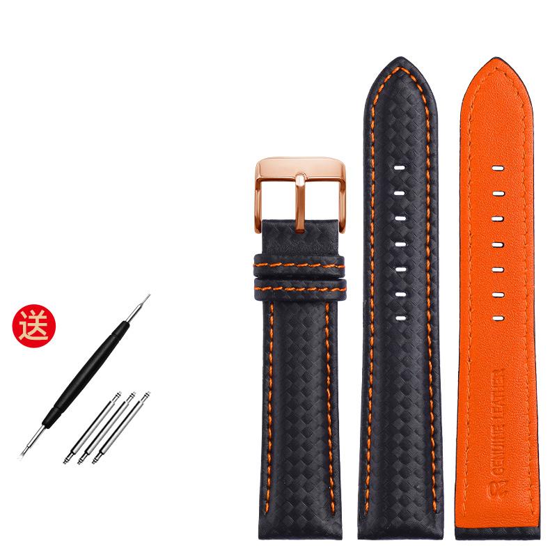 Echtes Lederarmband mit Kohlefaserkorn, Uhrenarmband 18 mm, 20 mm, rot-orangefarbene Nähte, Uhrenarmband 21 mm, 22 mm, 23 mm, 24 mm