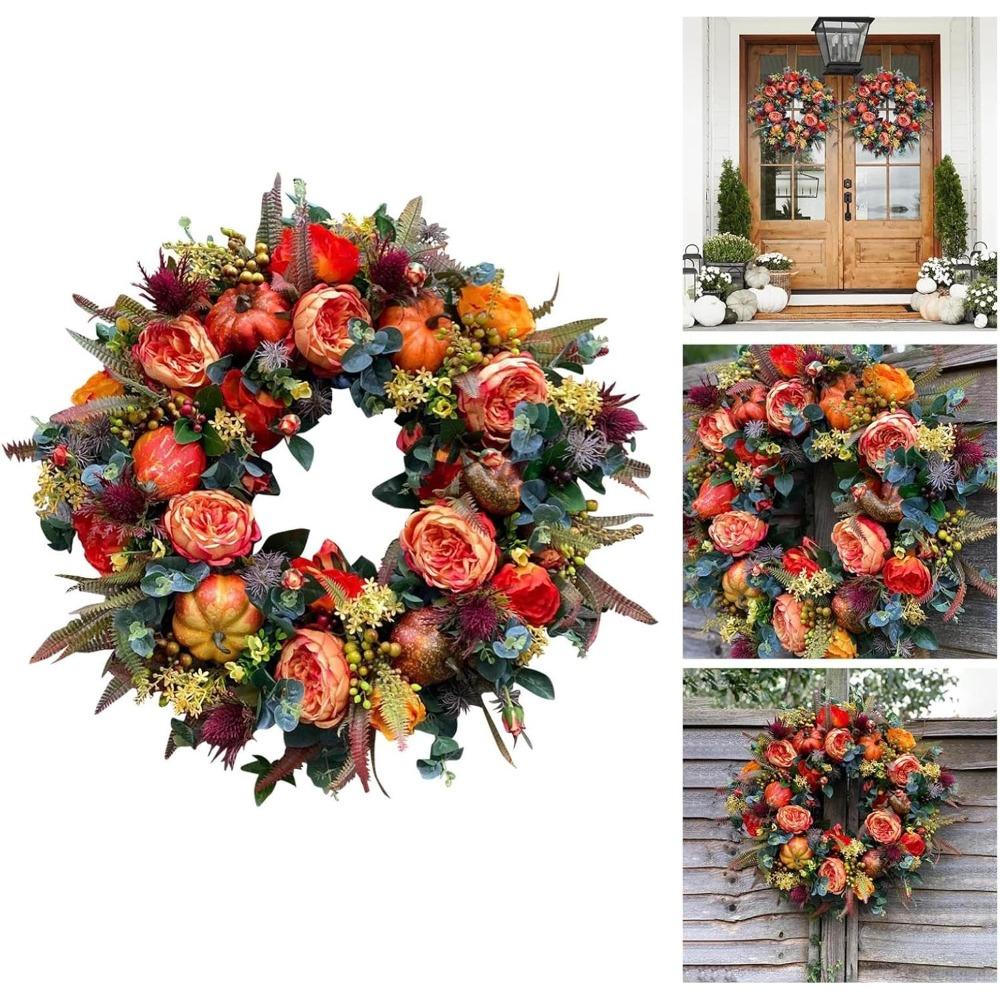 Fall Peony and Pumpkin Wreath,Year Round Wreath, 2025 New Reusable Pumpkin Fall Wreaths,Autumn Maple Leaf and Berry Decor,for Thanksgiving, Halloween