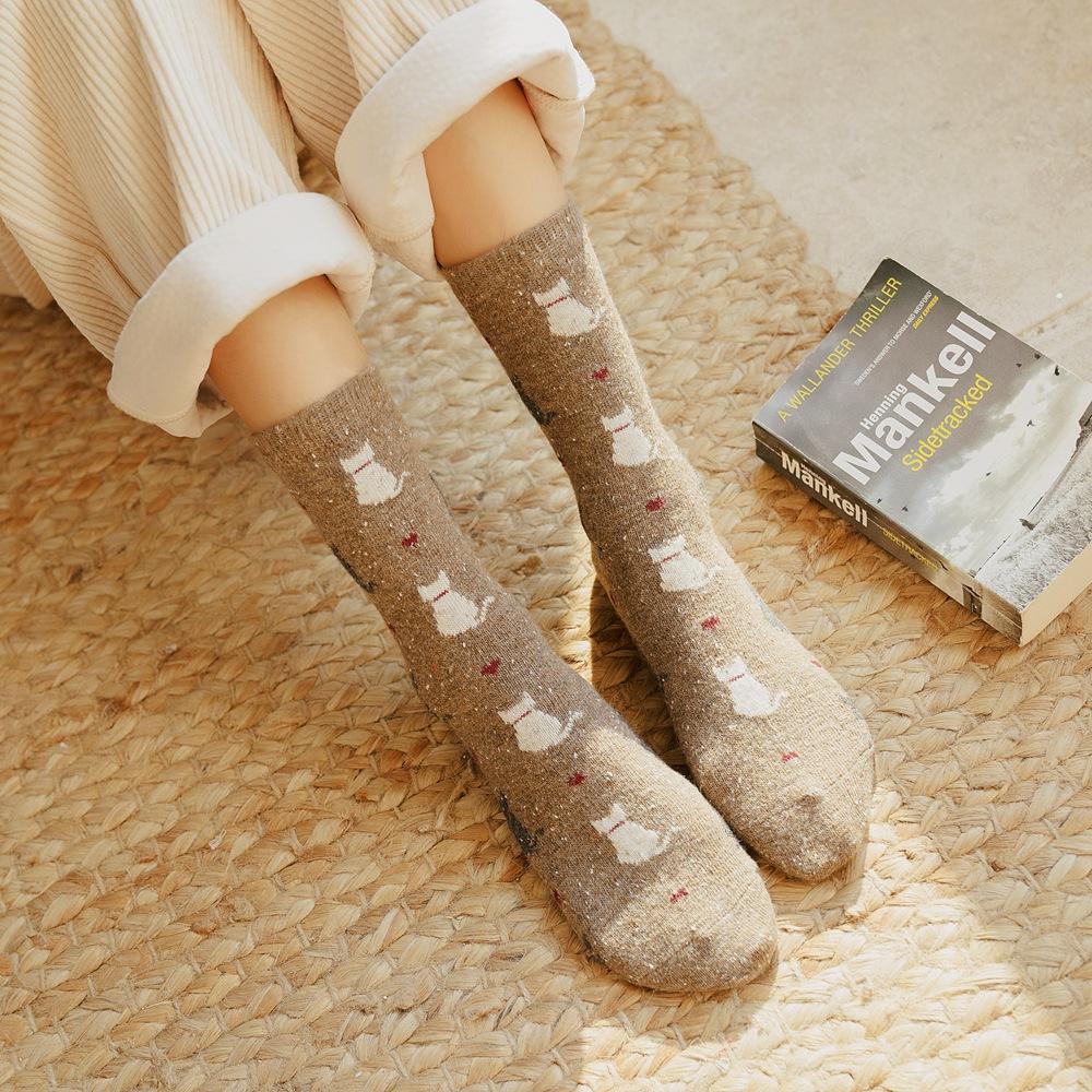 Women Socks Autumn And Winter Thicken Wool Middle Tube Socks Cute Cartoon Cat Printing Japanese College Style Loose Stockings