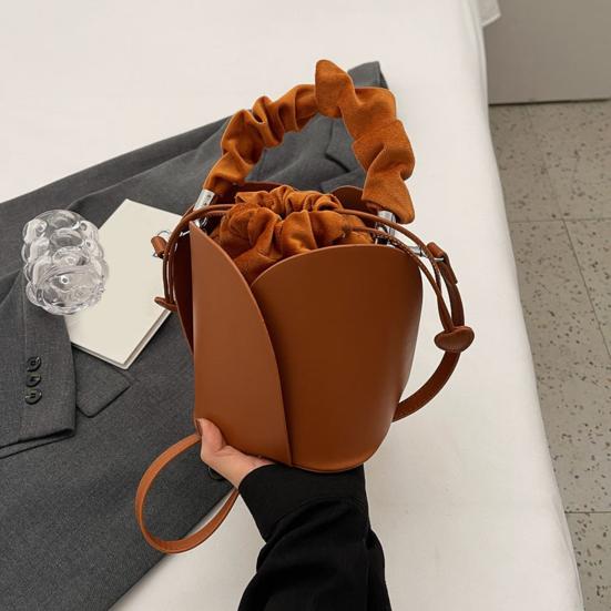 Dámská kabelka Petal Bucket Bag Vintage z umělé kůže se stahovací šňůrkou s nastavitelným popruhem, kabelka přes rameno, crossbody, na nákupy a do práce
