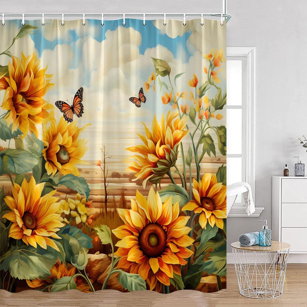 Sunflower Floral Shower Curtains Spring Plants Birds Butterfly Green Leaves Bathroom Curtain Modern Polyester Fabric Bath Decor