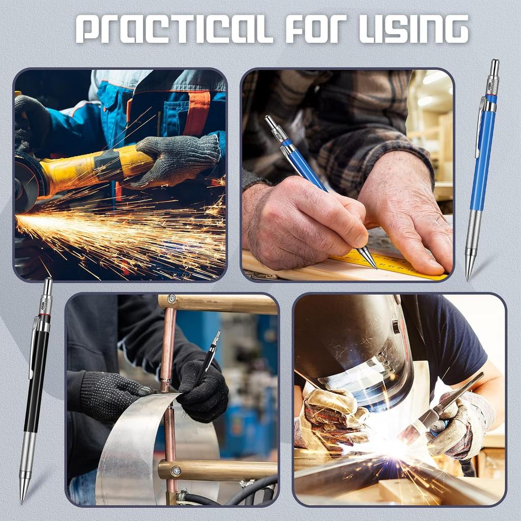 Nezyo 12 Pieces Welder Pencil with 108 Pieces Round Refills Mechanical Metal Pencil Marker with Built in Sharpener Pen for Construction Workers,
