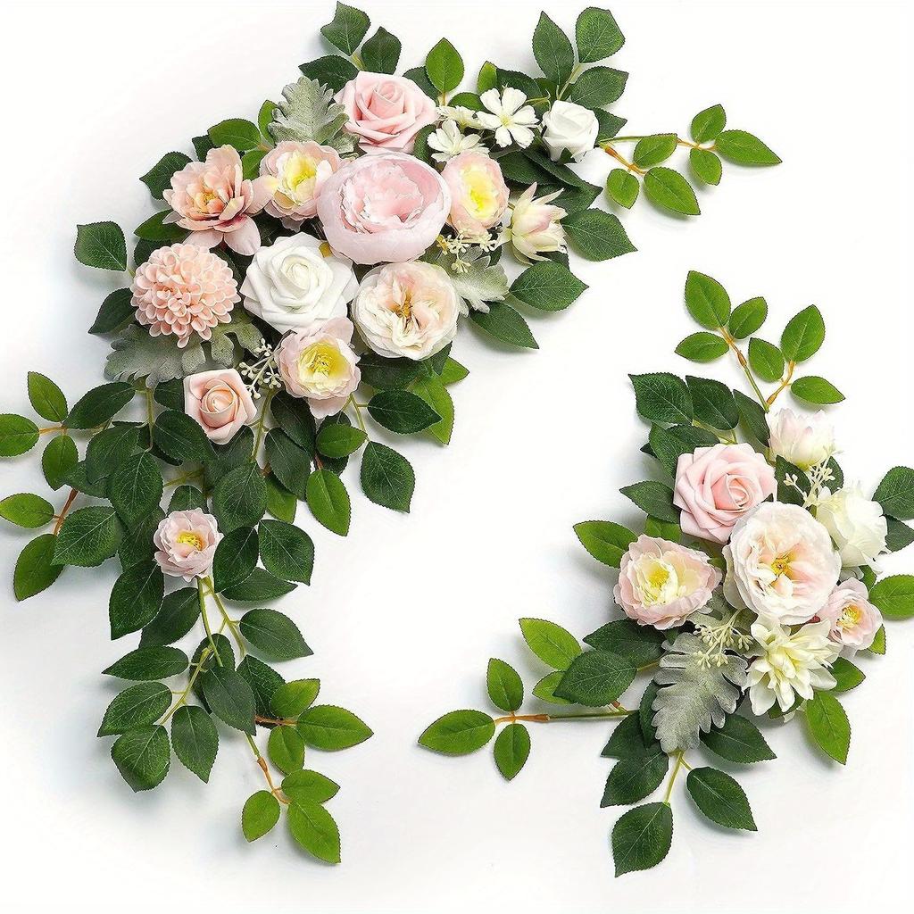 2Pcs Outdoor Wedding Simulation Rose Green Plant Welcome Corner Flower Decoration Set for Outdoor Patio Garden Home Wedding Holiday Party Decoration