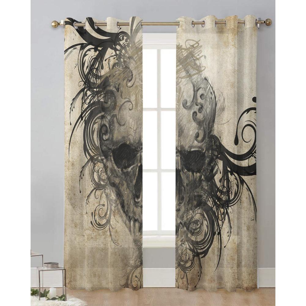 Tattoo Art Teschio Vintage Halloween Tende Trasparenti per Decorazione Soggiorno Tende Finestra Cucina Tende in Tulle Voile