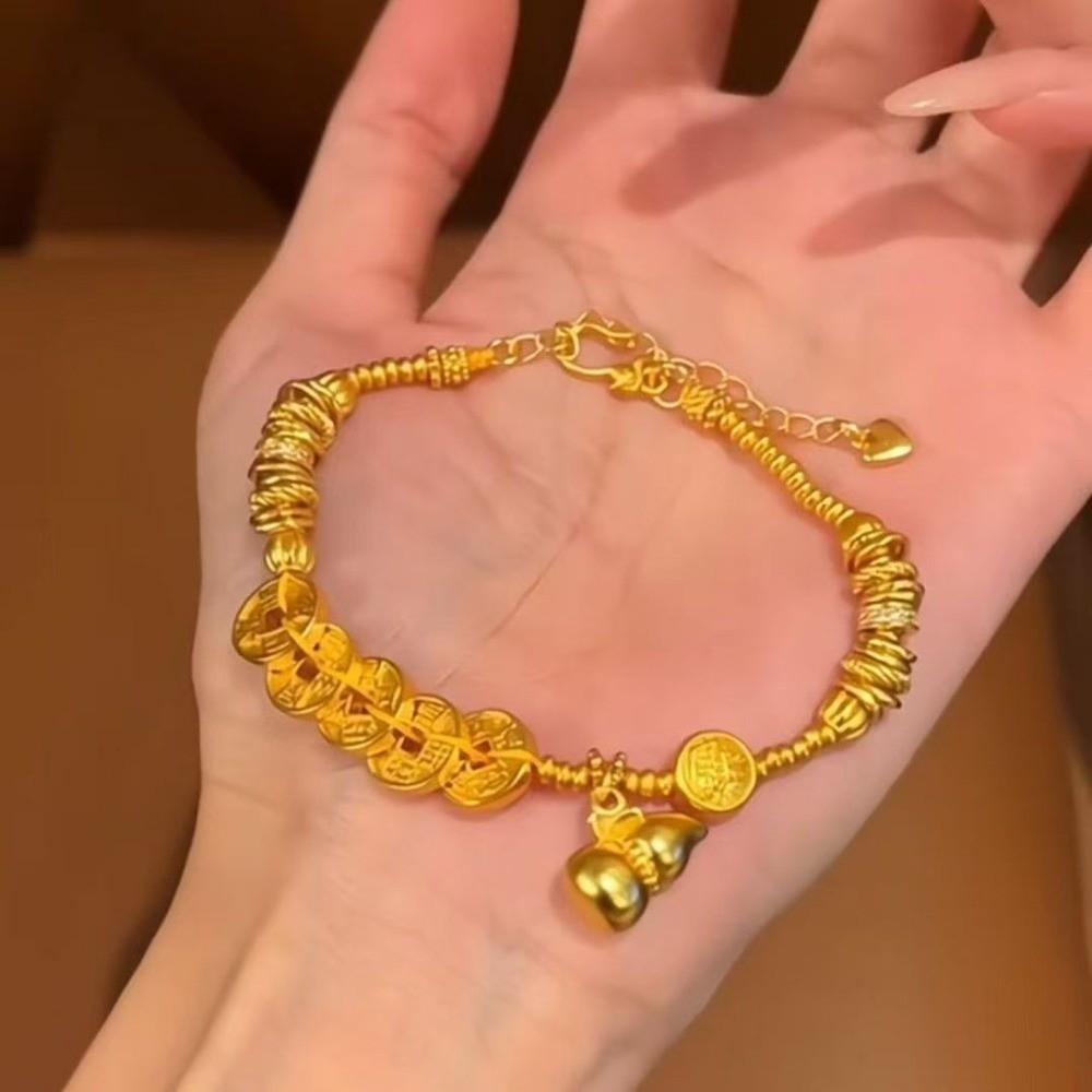 Brushed Finish Coin Pendant Bracelet Gold Color Chinese Style Bracelet Gourd Bracelet For Women