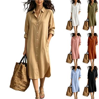Women Cotton Linen Shirt Dress Long Sleeve Button Down Casual Loose Fit Midi Dress with Pockets for Vacation and Everyday Wear