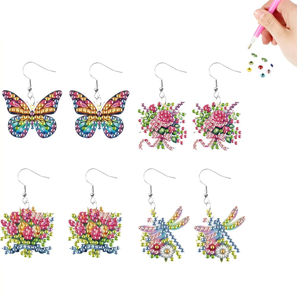 4 Pairs Double Sided Fashion Pattern Diamond Painting DIY Earring Making Kit Holiday Diamond Art Earrings Women Girls Tool Kit