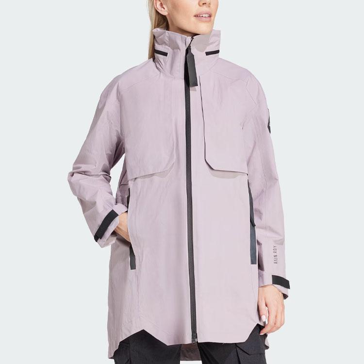 Adidas Myshelter Rain.Rdy Parka Pruhovaný barevný blok Sportovní ležérní bunda s kapucí Dámská bunda světle růžová IR6158