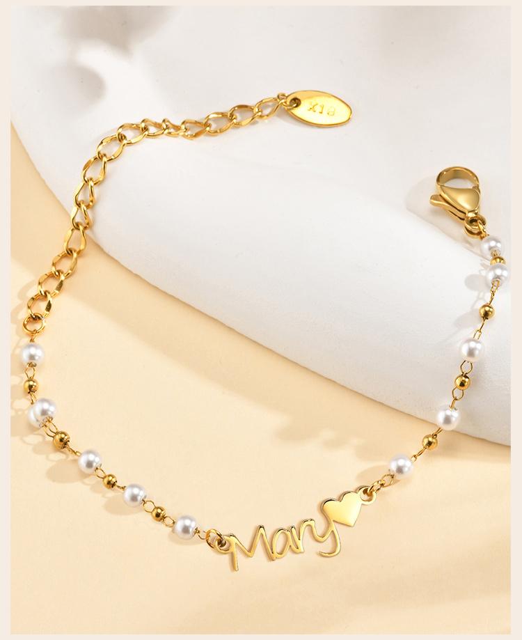 Customized Pearl Name Bracelet Waterproof Stainless Steel Personalized Script Nameplate Adjustable Chain