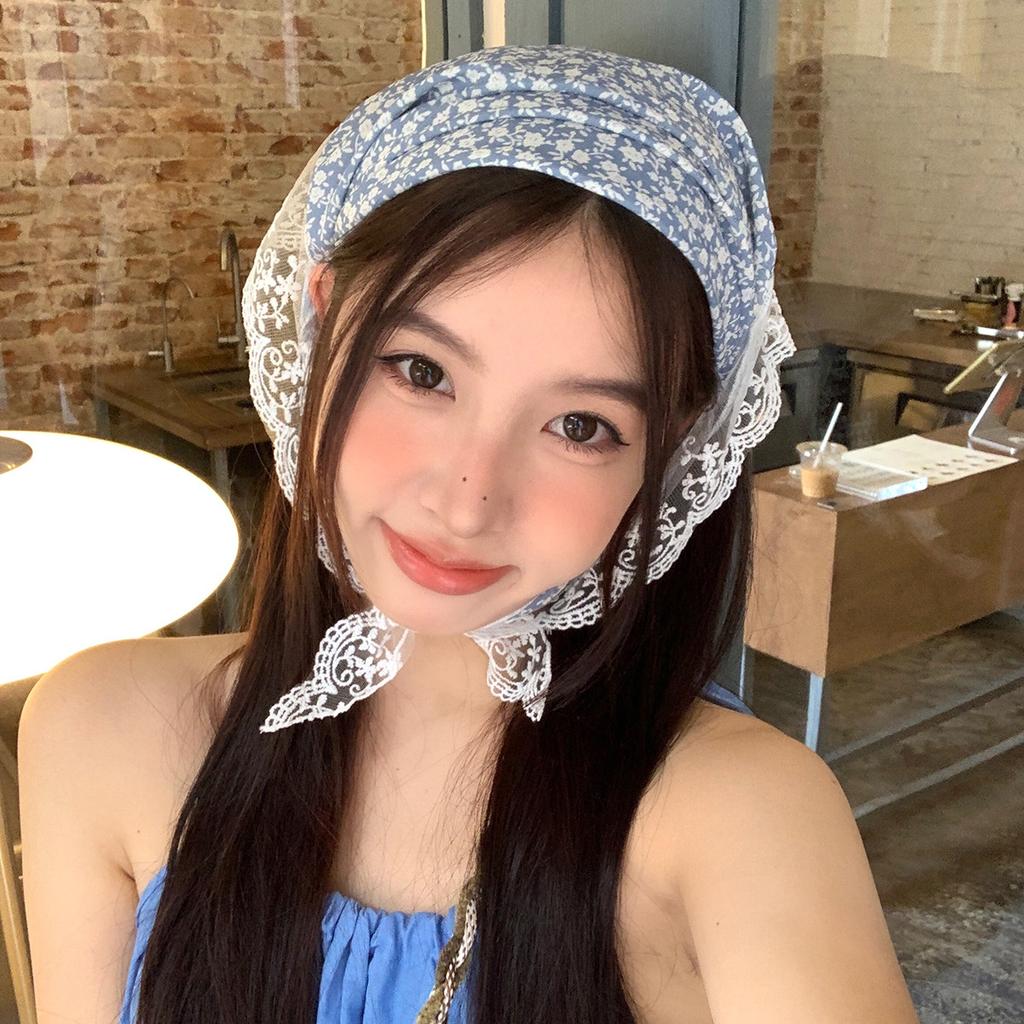 New Floral Flower Hair Bandana Women Rural Scarf Lace Splicing Triangle Headband Summer