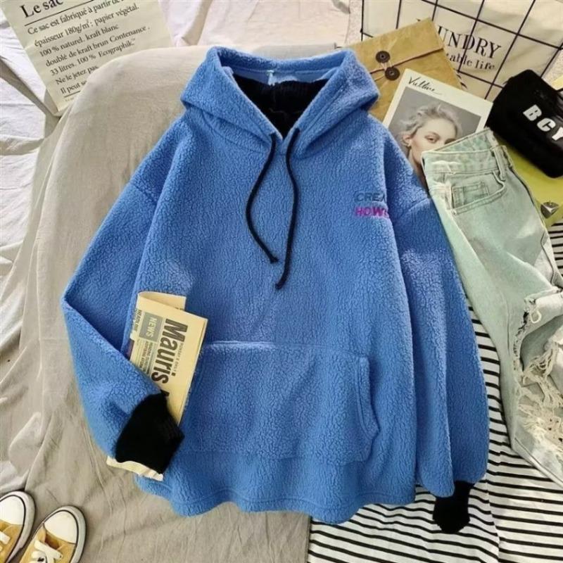 

Unisex Lambswool Hooded Sweatshirt: Cozy Fleece-Lined Pullover for Autumn/Winter, Relaxed Loose Fit, Faux Two-Piece Design. L синій
