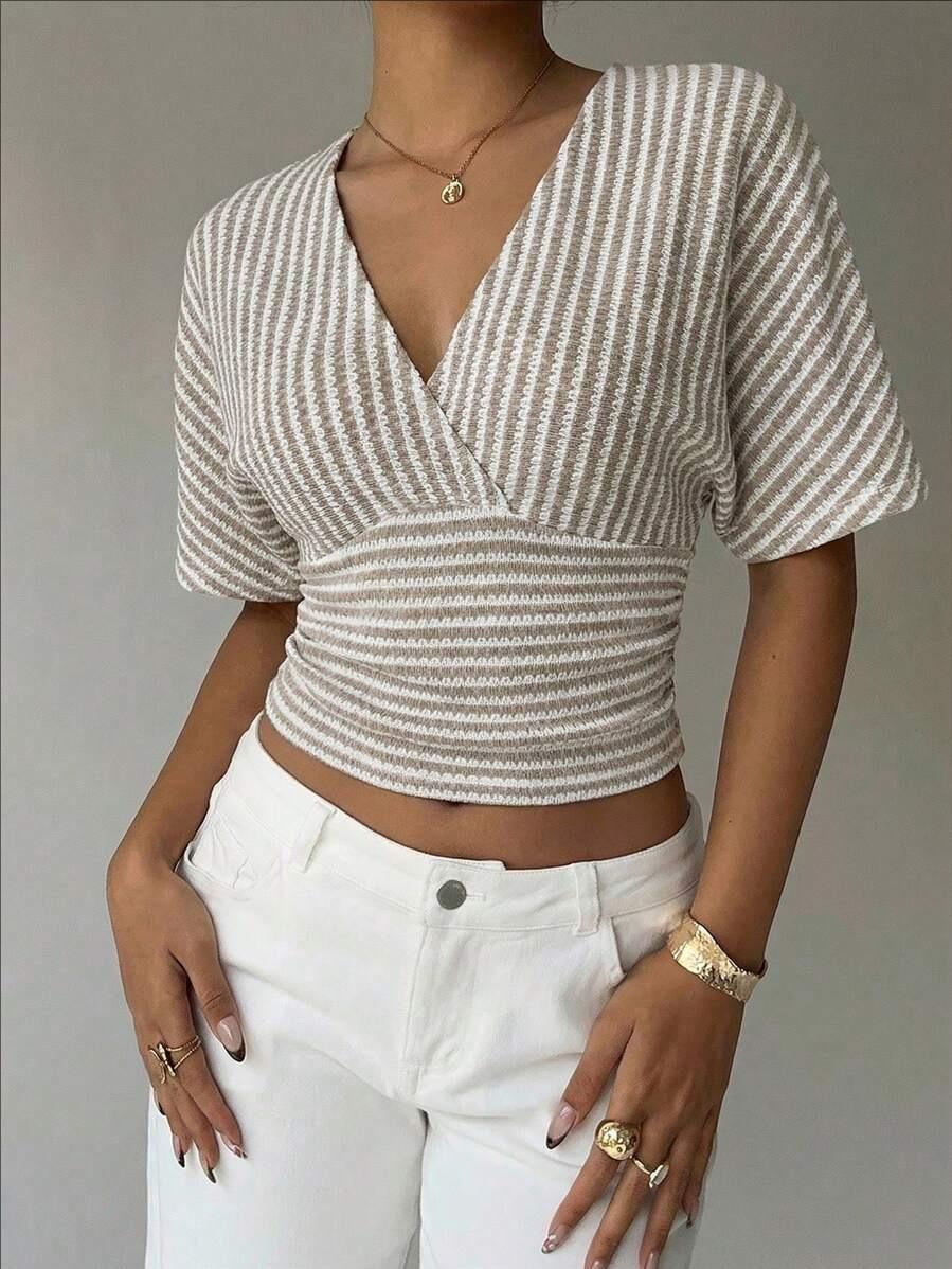 Women V Neck Knit Striped Short Sleeve Casual Cropped T Shirt S