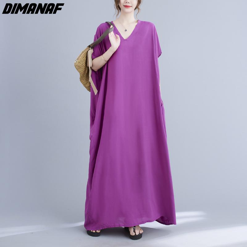 DIMANAF 2021 Plus Size Women Dress Bohemian Beach Korean Style Summer Sundress Solid Maxi Dress Loose Design Casual Long Dress