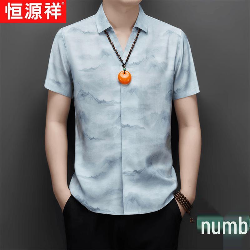 

Hengyuanxiang Men s Ink Landscape Linen Blend Short-Sleeve Shirt 40/175
