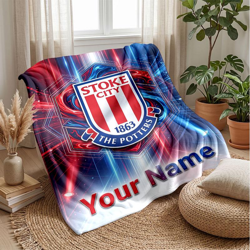 Stoke City FC Custom Name Text Flannel Blanket Soccer Logo Personalized Fleece Throw Blanket Special Gift For Sofa Bedroom Home
