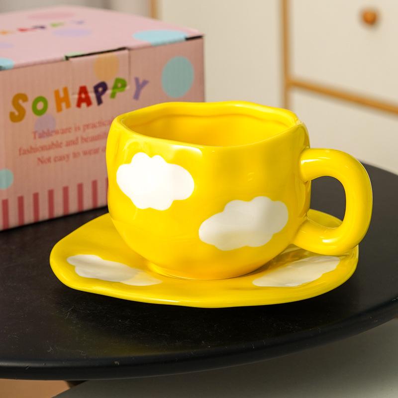 Blue Sky White Clouds Ceramic Mug and Saucer Set - Personalized Portable Coffee Cup for Couples