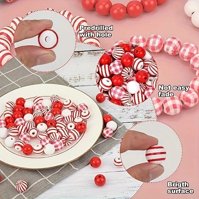 50pcs Red And White Striped Round Wooden Loose Beads, 16mm Polished Spacer Beads With Hemp Rope For Valentine's Day, Holiday