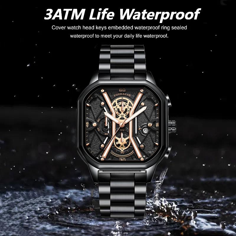 POEDAGAR Fashion Square Quartz Watch Men Stainless Steel Waterproof Luminous Date Sports Chronograph Watches
