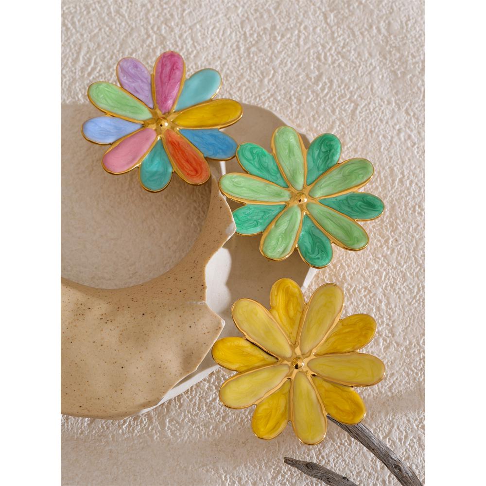 Eetit Trendy Colorful Enamel Flower Y2K Golden Ring for Women Summer Daily Stainless Steel Trendy Adjustable Finger Jewelry Gift