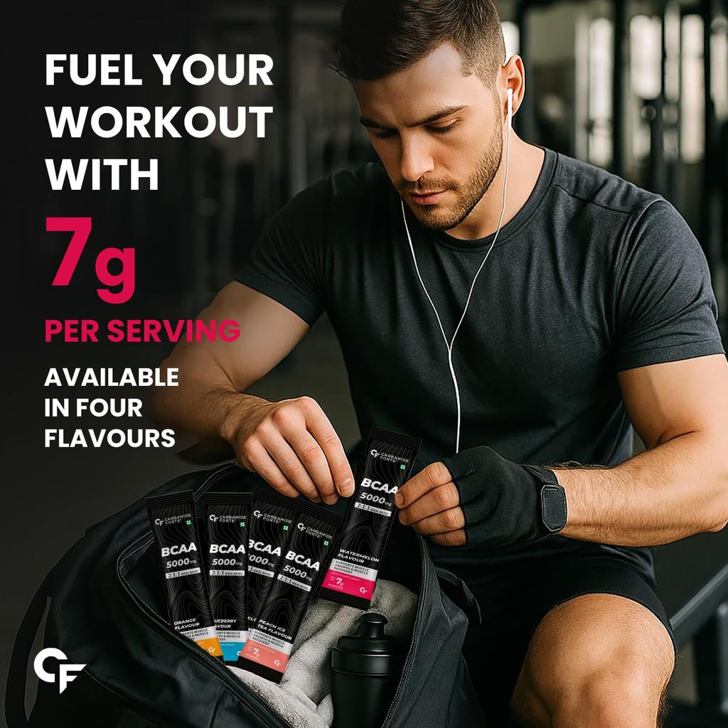 Carbamide Forte BCAA Powder 5000mg 28 Sachets Pre & Intra Workout Supplement 7g Serving 2:1:1 Ratio (4 Flavors) PACK OF 1