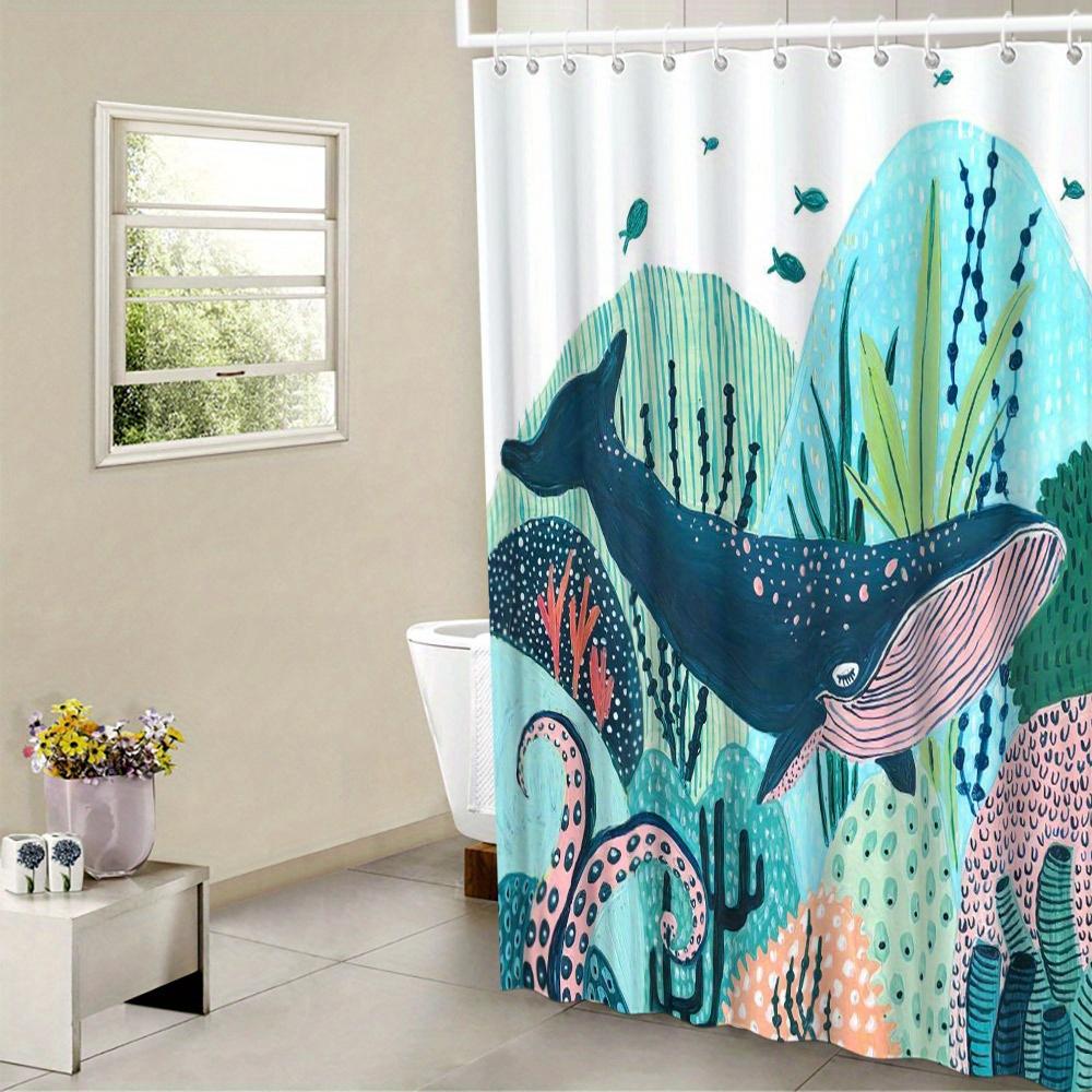

Ocean Whale With Underwater Scene Shower Curtain Fun Coral Algae Design, 12 Hooks, Home Spa Layout Home Accessories, W60H190(CM)-1 Pcs