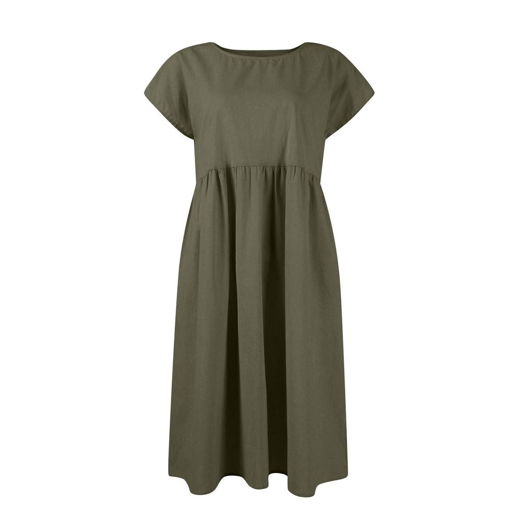 Vestido Casual de Algodón y Lino de Color Sólido para Mujer, Manga Corta, Cuello Redondo, con Bolsillos