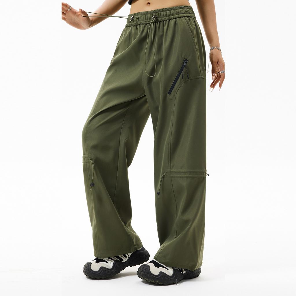 Women's Overalls Casual Lightweight Solid Color Trousers Drawstring Multi-Pockets Straight Leg Pants