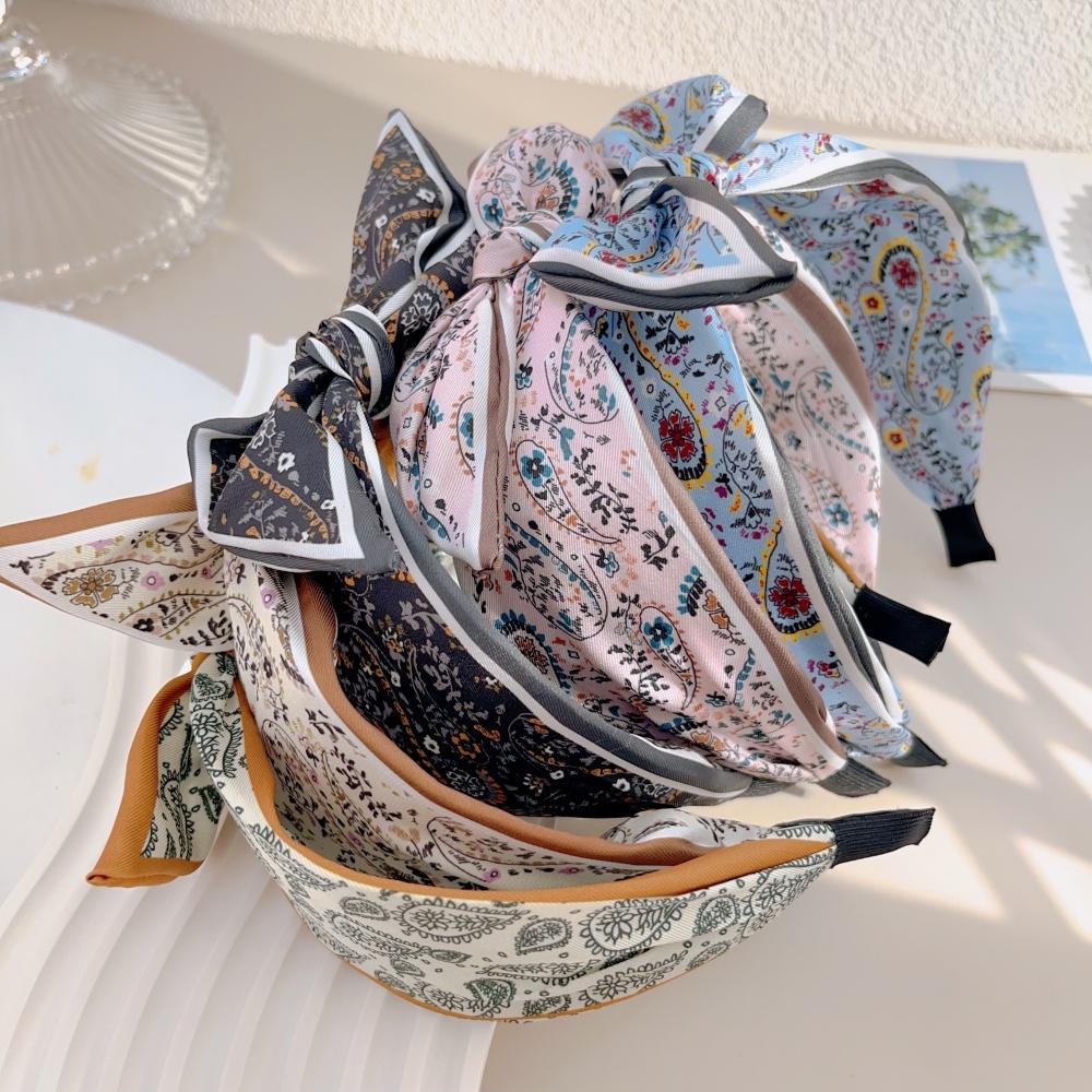 Retro Bohemian Bandanna Bow Rabbit Ear Headband for Women Floral Paisley Wide Hoop Turban Hair Band Hair Styling Accessories