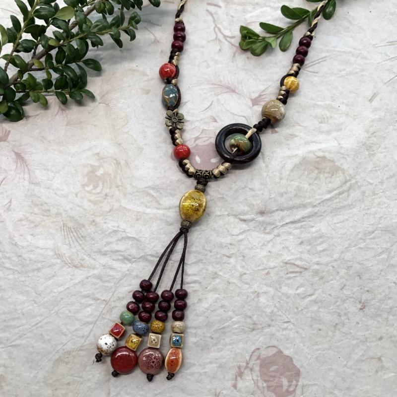 New Forest handmade ceramic necklace, women's retro versatile sweater chain simple long accessories pendant