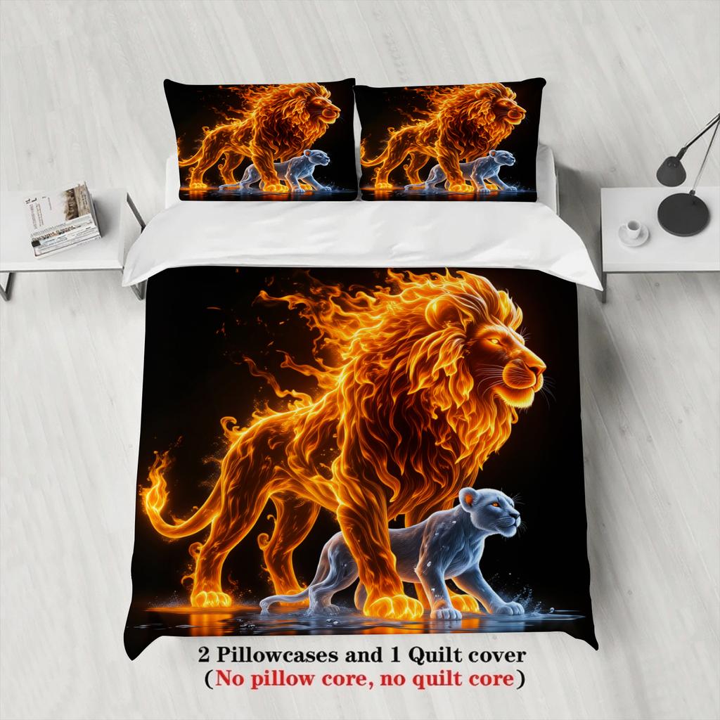 3pcs Lion And Panther Bedding Sets 3D Printed Fire Animal Duvet Cover Sets With Pillowcases No Filling Single Twin Full Size