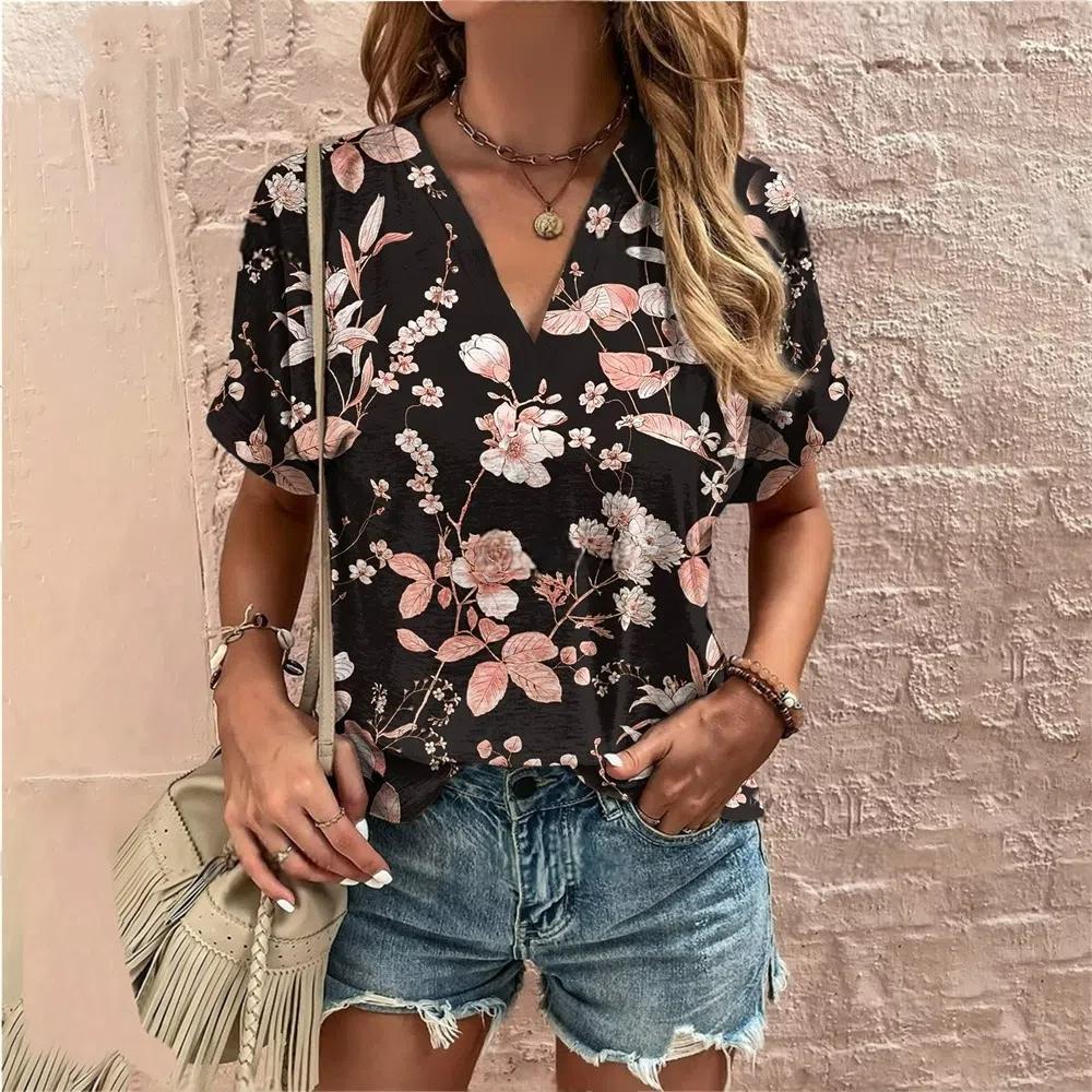S-8XL Plus Size Crushed Flower Casual T Shirts Streetwear Casual Women's Short Sleeve Tops Tees V Neck T-shirt Fashion Clothing