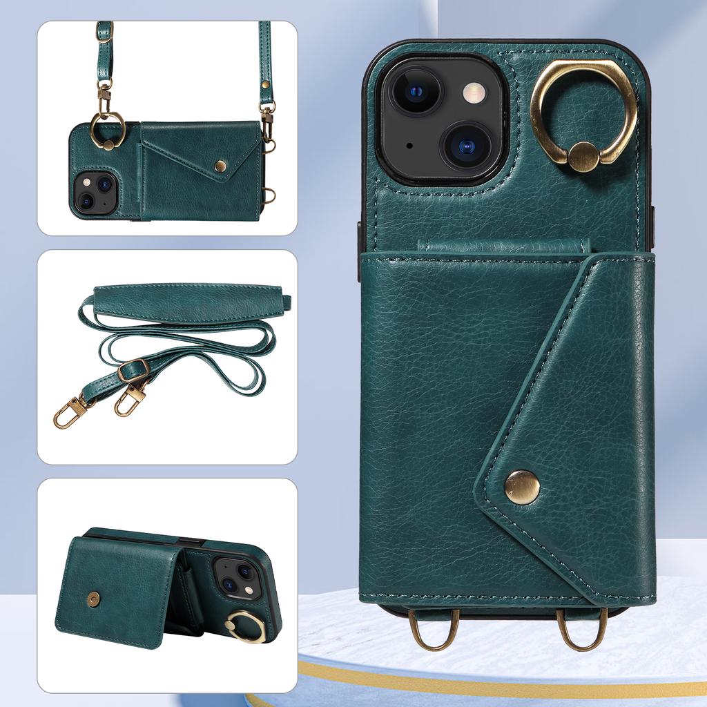 For iPhone 15 Series.for iPhone 15,15 Plus,15 Pro,15 Pro Max Shoulder Strap Rope Ring Bracket Design Card Holder Slots Lichee Pattern Cover Phone Case