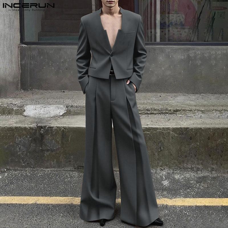 INCERUN Men Outfits Long Sleeve Cropped Tops and Long Pants Casual Party Sets