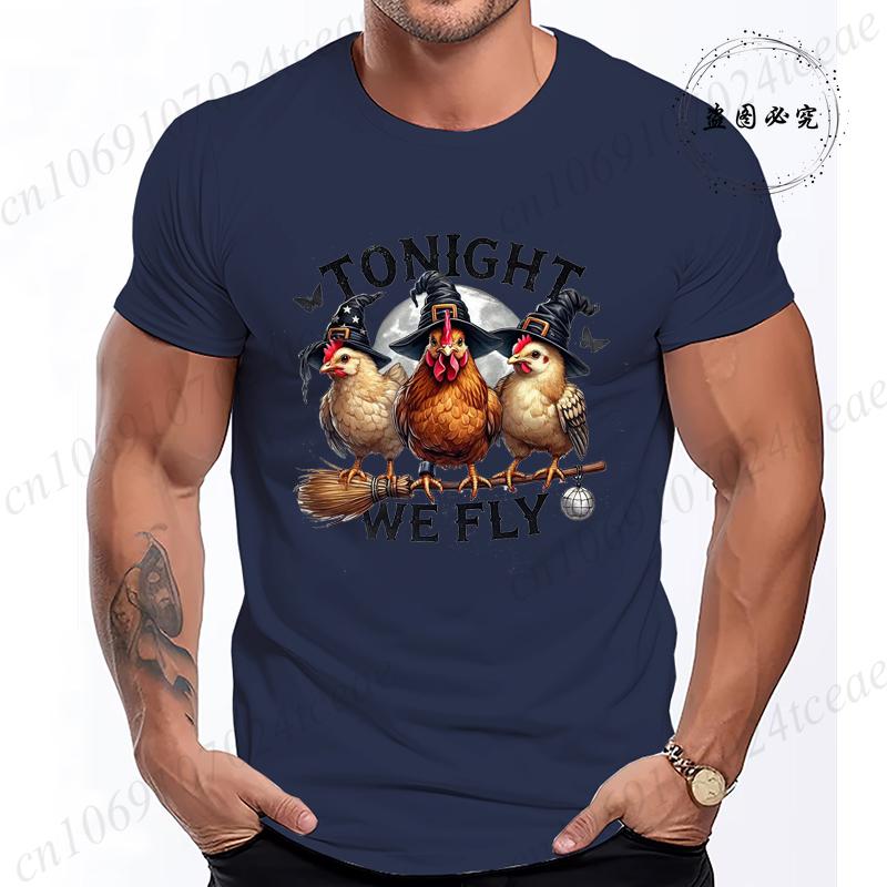 Halloween Tonight We Fly TShirt for Women Men Chicken Witches Hat Funny Casual TShirt Spooky Witch Men TShirts Clothing Tops
