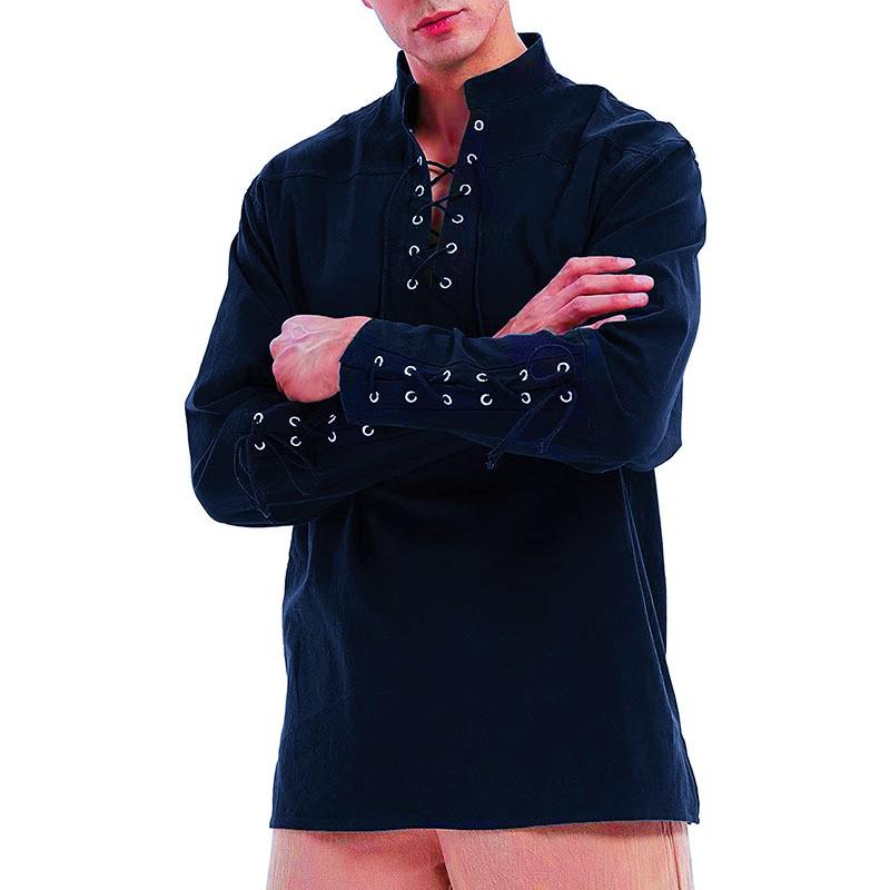 Men's 2023 Cotton Linen Long Sleeve Henley Shirt - Stand Collar, Casual Beach Style, European Size.