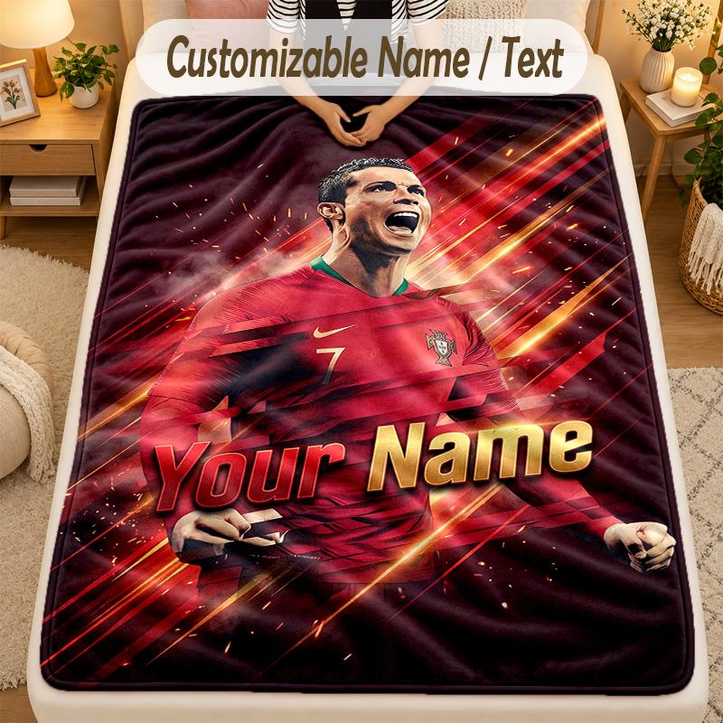 Flannel BlanketCristiano Ronaldo Custom Name Text Personalized Soft Warm Throw Blanket Home Decor Gift