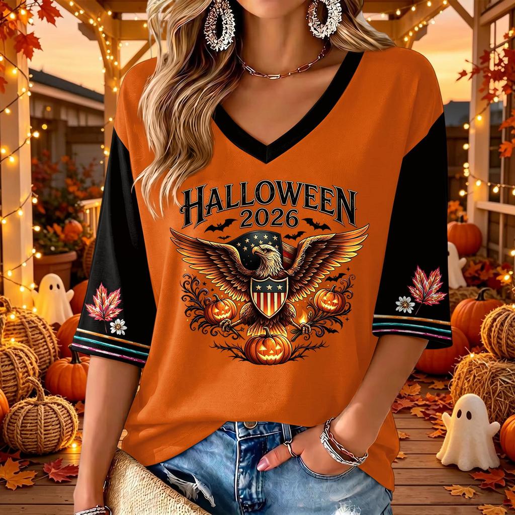 Women's V-Neck Casual Top with Halloween Print and Three-Quarter Sleeves