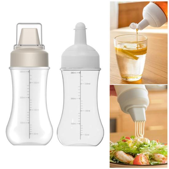 Squeeze Condiment Bottle with Measuring Markings 1/5 Nozzles Drizzle Bottle for Ketchup Salad Dressing Sauce 350ml Easy Fill Kitchen Dispenser