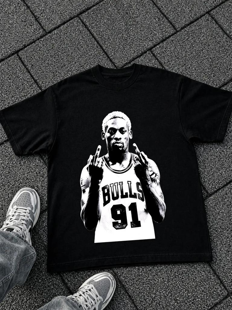 Black Oversized T-Shirt with Dennis Rodman Print